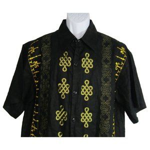 Royal Prestige Linen Button Up Black/Gold Embroidery Camp Shirt Men's Large
